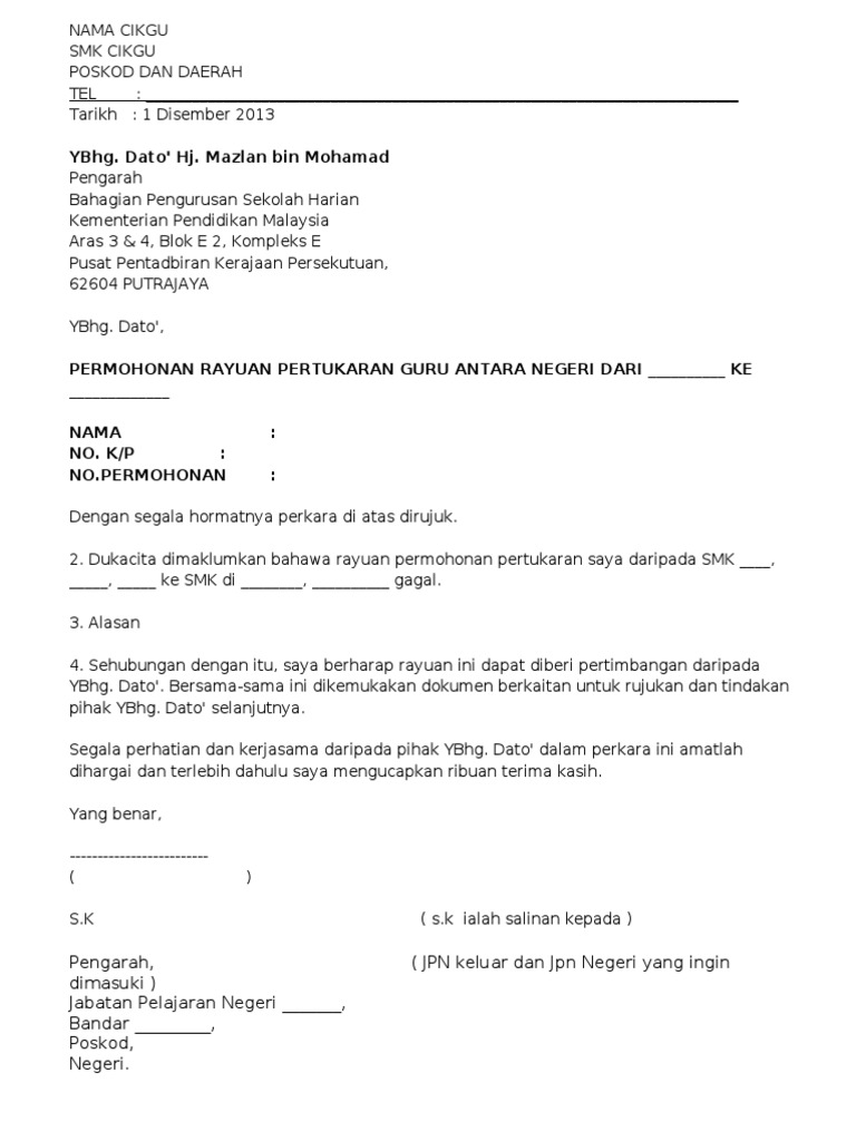 Contoh Surat Rayuan Eg Tukar Pdf