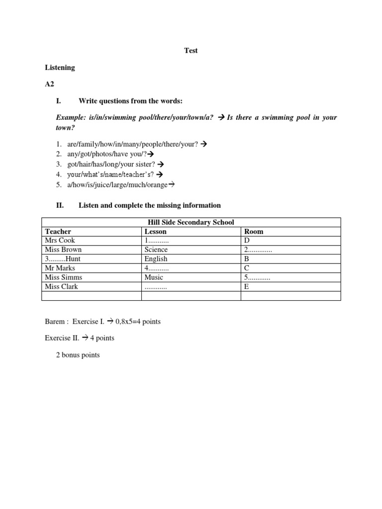 Test Listening A2 I. Write Questions From The Words | PDF | Language ...