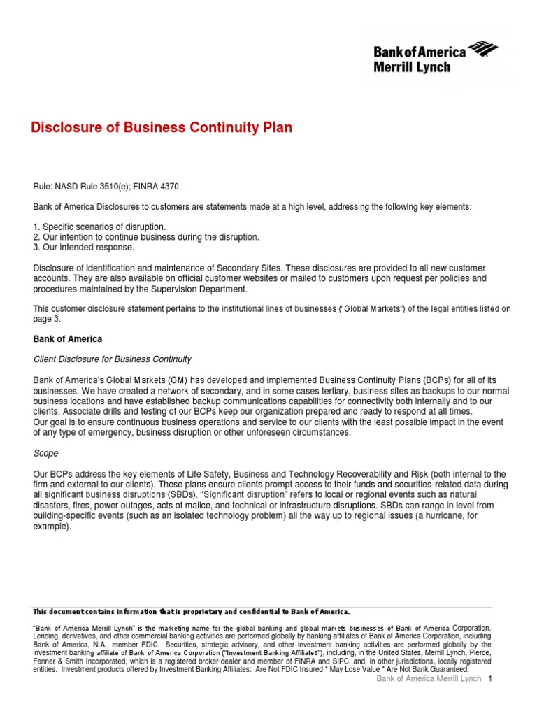 Client Disclosure for Business Continuity | Investment Banking | Bank ...