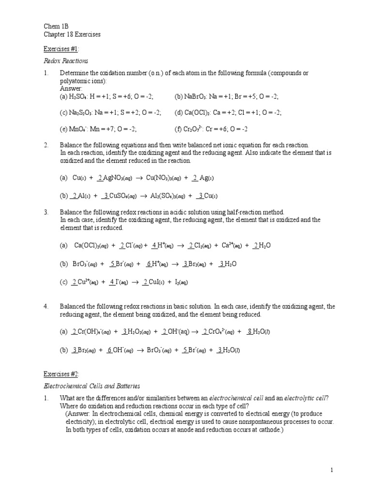 Chem 1B Chapter 18 Electrochemistry Exercises | PDF | Redox ...