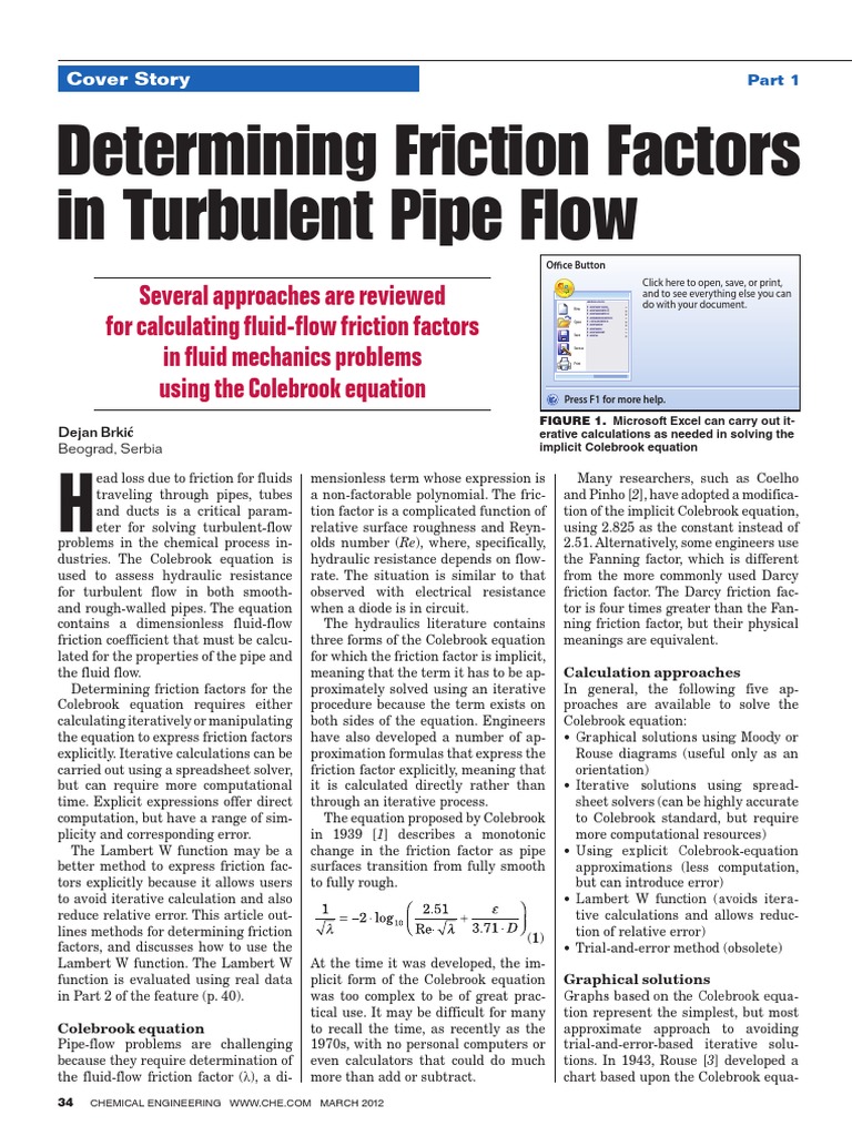 Friction FactorTurbulent Pipe Flow Dynamics (Mechanics) Fluid