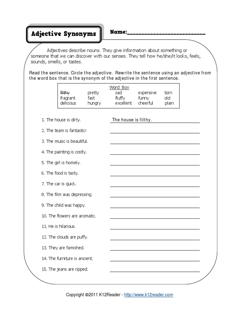 Synonyms Worksheets Nouns, Verbs, Adjectives Synonym Worksheets