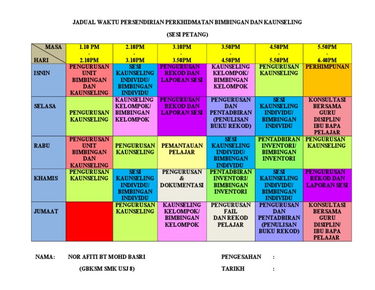 Jadual Waktu Persendirian Perkhidmatan Bimbingan Dan Kaunseling | PDF