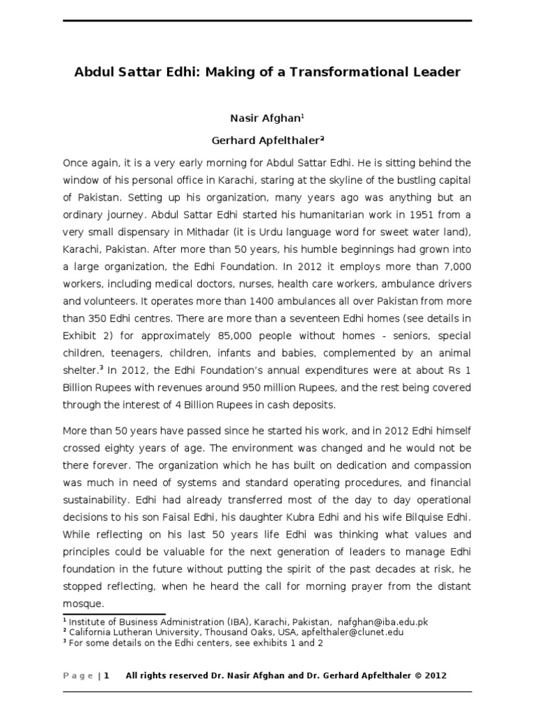 Abdul Sattar Edhi Making of A Transformational Leader 3.0 | PDF ...