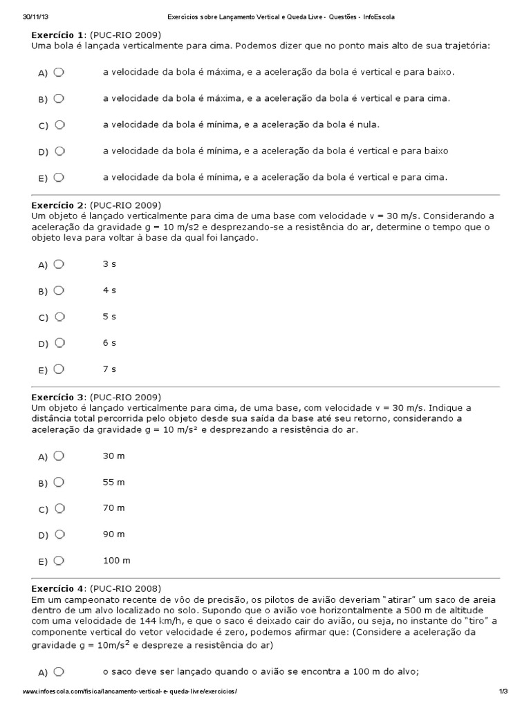 Exercícios De Queda Livre E Lançamento Vertical