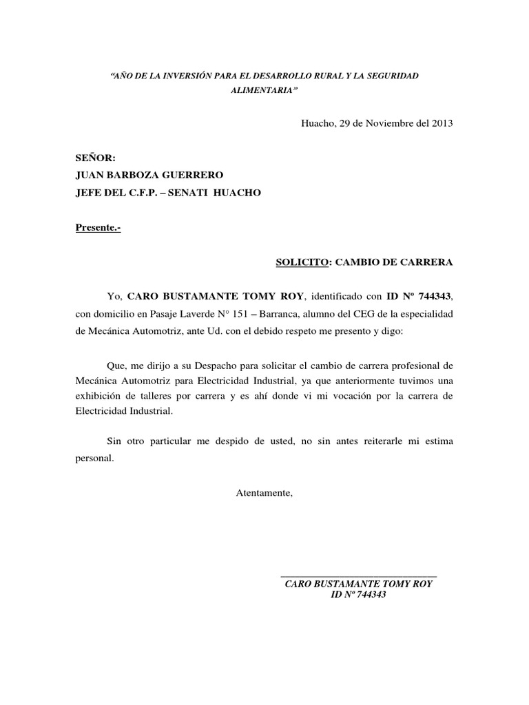 Solicito Cambio de Carrera de Senati