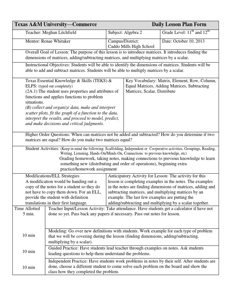 Lesson Plan 10-10 | PDF | Matrix (Mathematics) | Homework