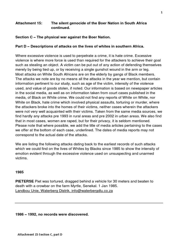 Attachment 15 The Silent Genocide of The Boer Nation in South Africa Continued Repaired PDF Genocides Hate Crimes