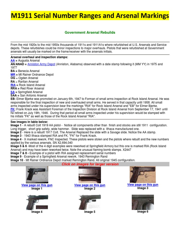 M1911 Serial Number Ranges and Arsenal Markings | PDF
