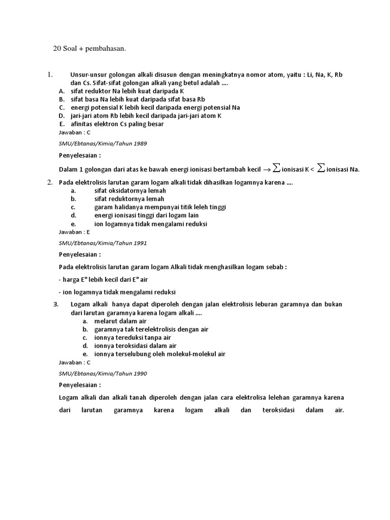20 Soal Kimia Unsur