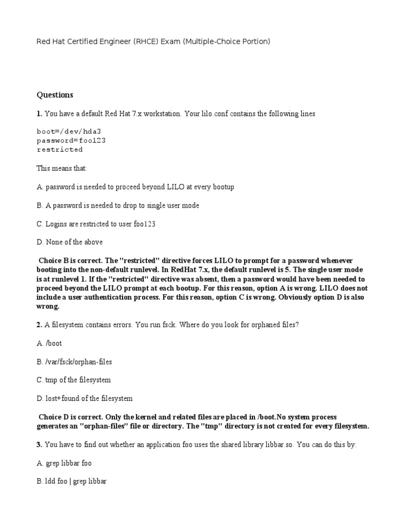Questions: Red Hat Certified Engineer (RHCE) Exam (Multiple-Choice ...