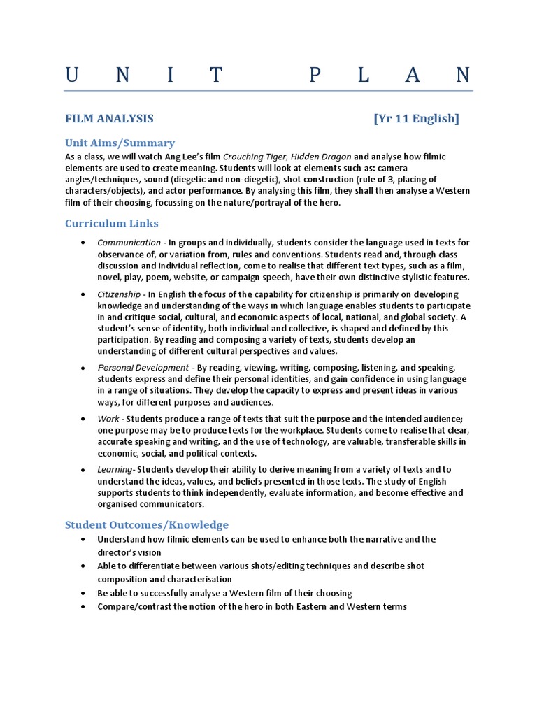 Unit Plan Film Analysis | PDF | Identity (Social Science) | English ...
