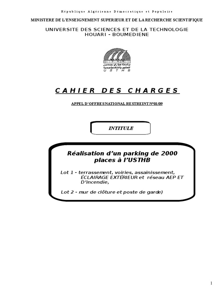 Presentation Page Garde Cahier De Tp CDC Parking Usthb | PDF | Gouvernement