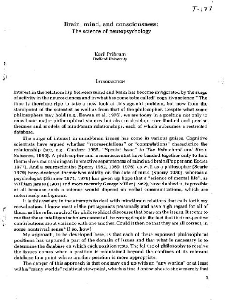 Brain, Mind, and Consciousness - The Science of Neuropsychology T-177 ...