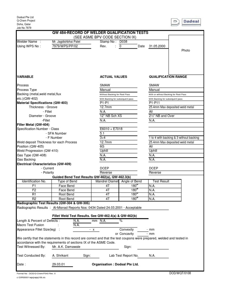 Qw 484 record of welder qualification tests see asme bpv code section