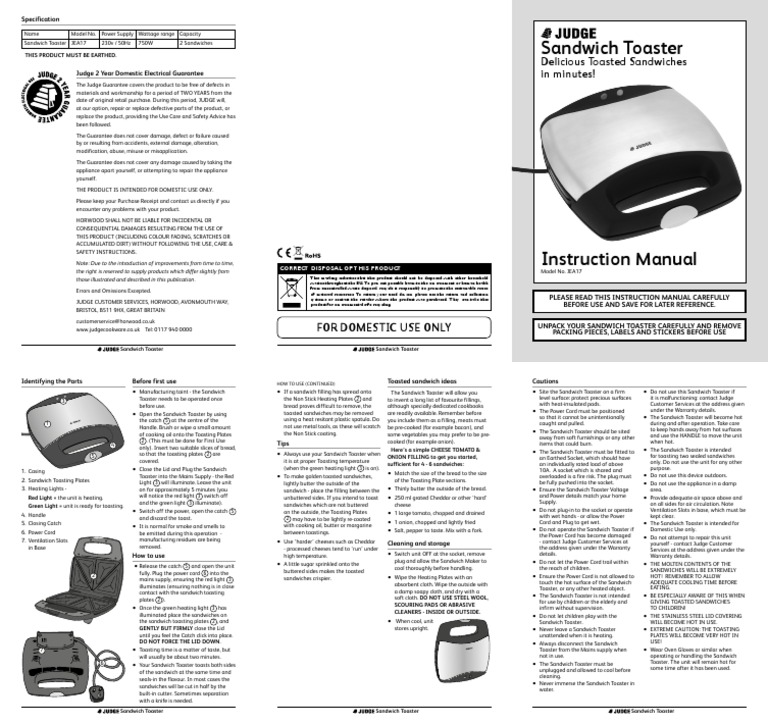 Sandwich Toaster Care and Use PDF Toast Butter