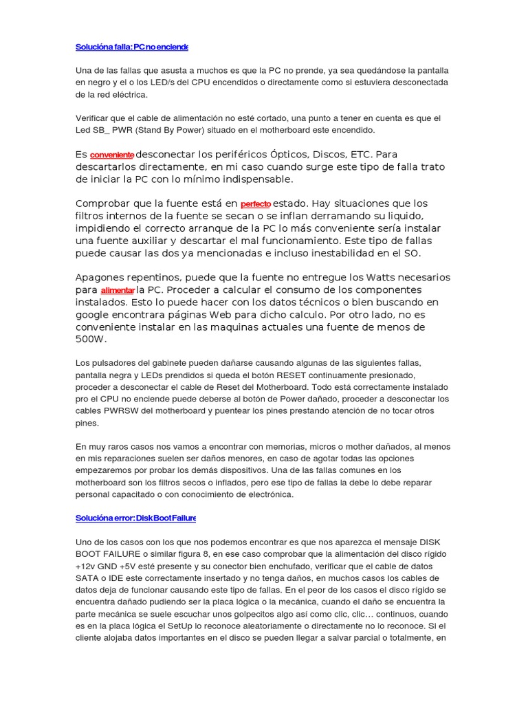 Fallas Comúnes Y Posibles Soluciones Pdf Bios Disco Duro