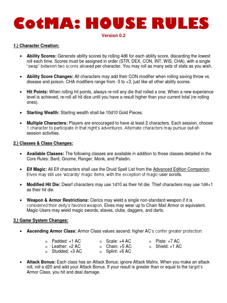 CotMA House Rules Overview | PDF | Tsr (Company) Games | Tabletop Games