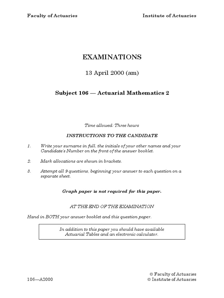 Past Exams Subject 106 2000 2004 1 Insurance Reinsurance