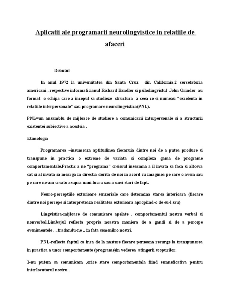 Aplicatii Ale Programarii Neurolingvistice in Relatiile de Afaceri | PDF