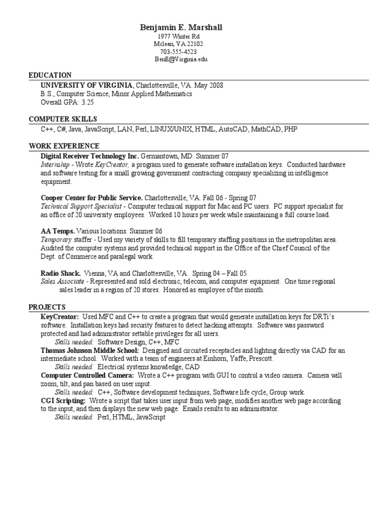Computer Science Resume For Freshers | PDF | Computers | Technology ...