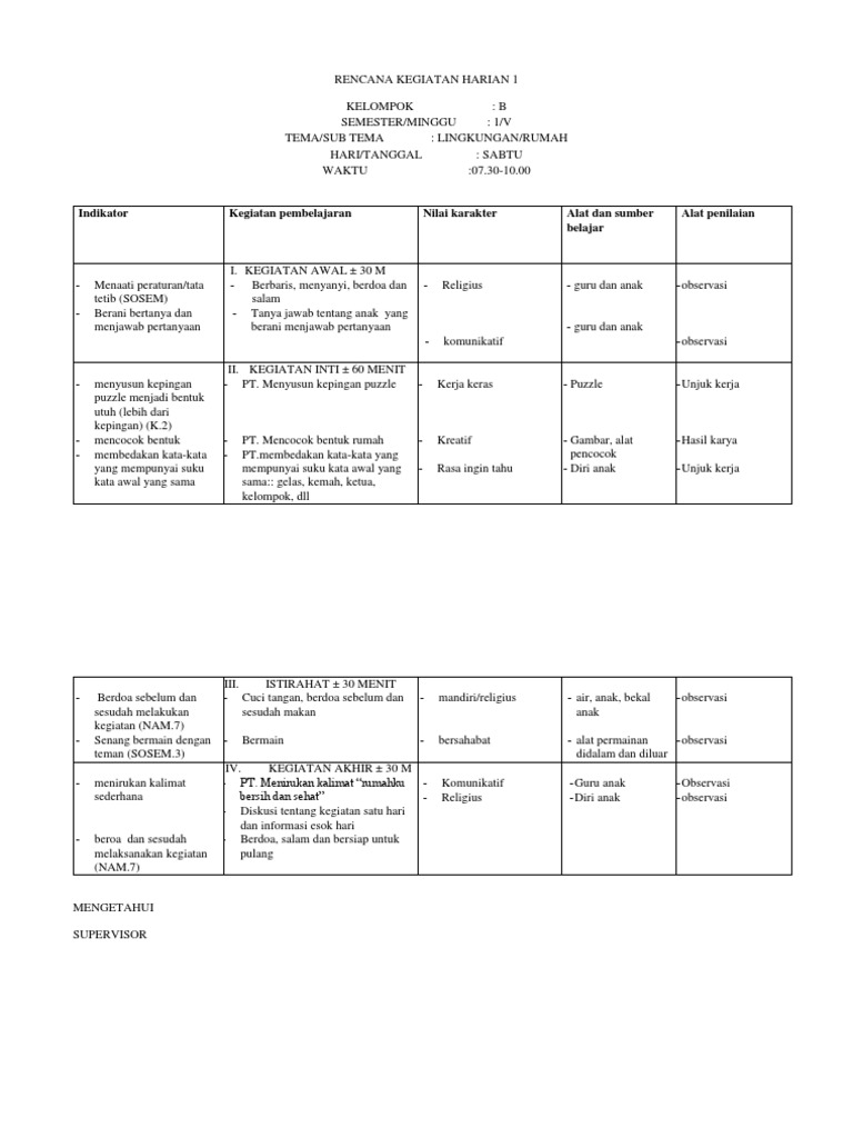 Rencana Kegiatan Harian Kelompok B | PDF
