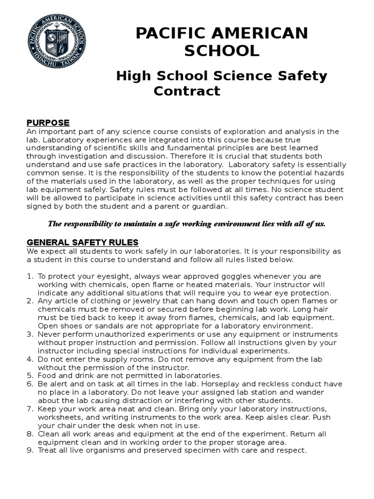 HS Science Safety Contract - PAS | PDF | Odor | Laboratories