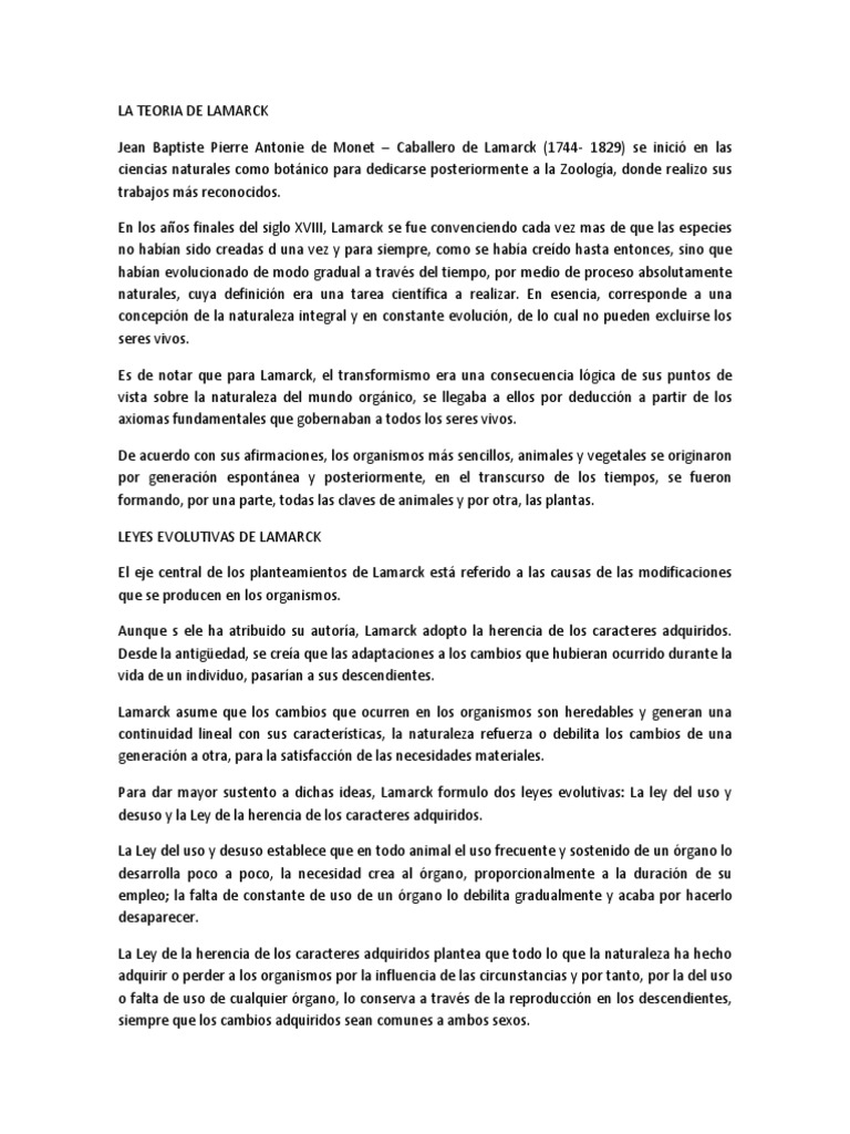 Teoría de Lamarck: Transformismo y Críticas | PDF | Evolución | Mutación