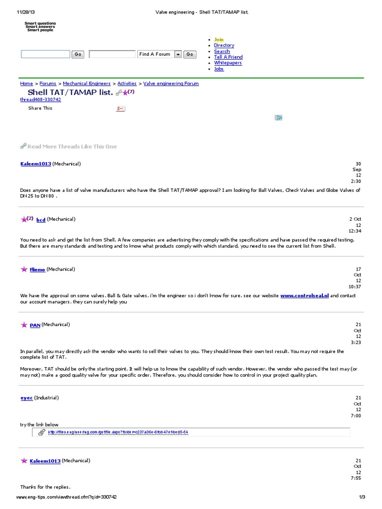 Valve Engineering Shell TAT TAMAP Discussion PDF Valve Leak