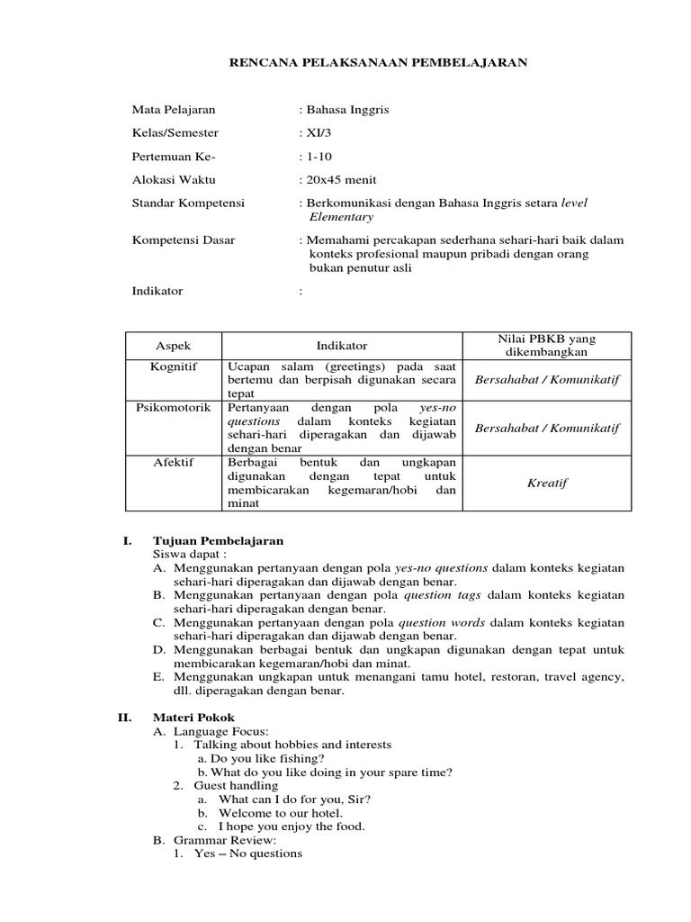 Rpp Bahasa Inggris Smk Kelas Xi Kd1