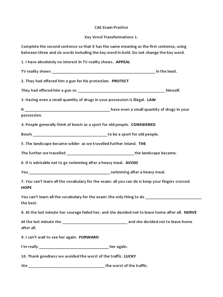 Key Word Transformation Exercises Cae