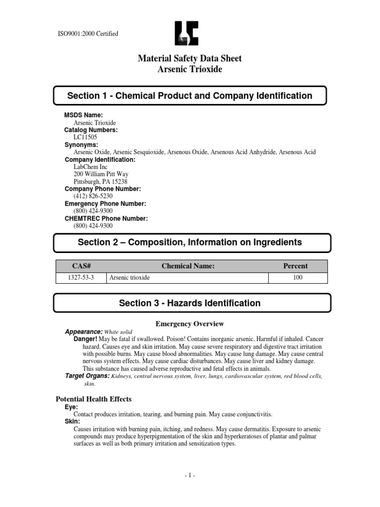 Material Safety Data Sheet Arsenic Trioxide Section 1 Chemical