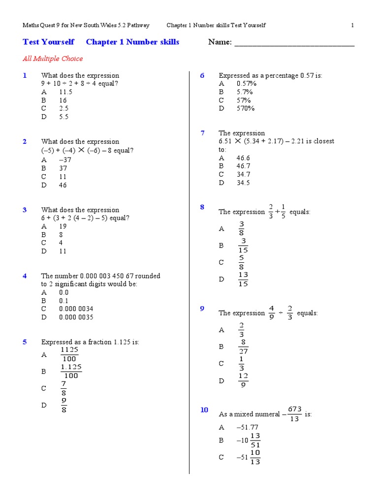 NSW Year 9 Maths Practice Quiz | PDF