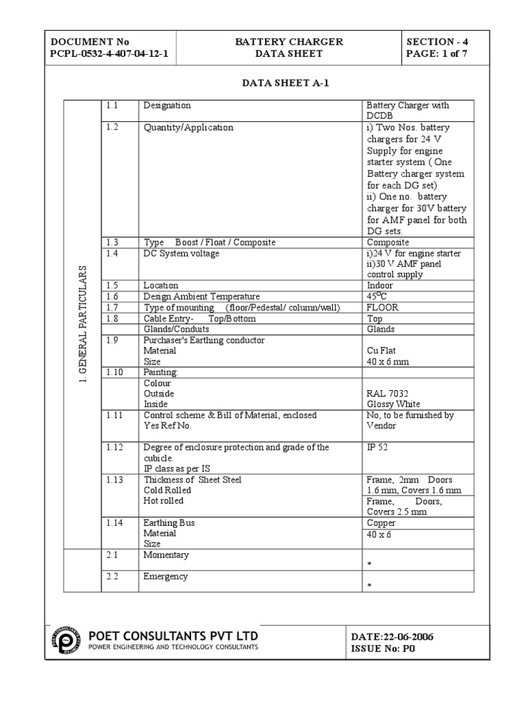Document No PCPL-0532-4-407-04-12-1 Battery Charger Data Sheet Section ...