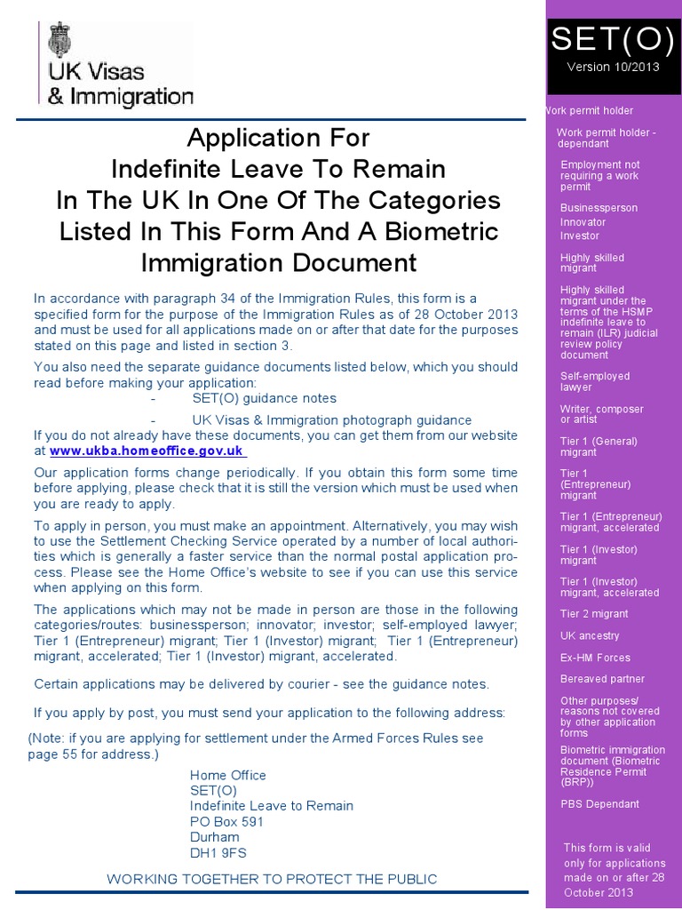 Application For Indefinite Leave To Remain in The UK in One of The