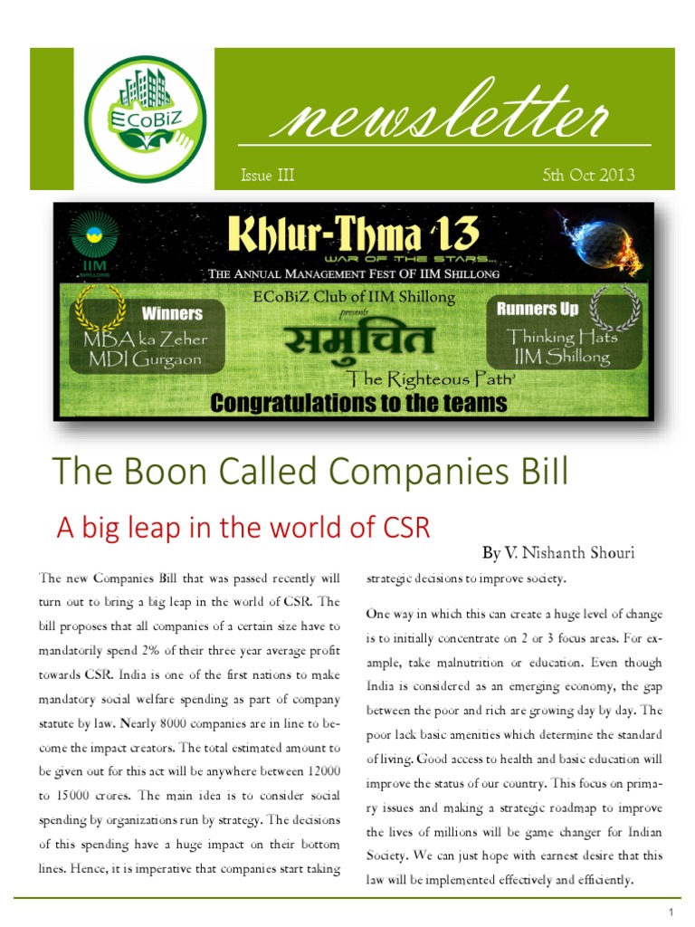 Companies Bill Boosts CSR in India | PDF | Corporate Social ...