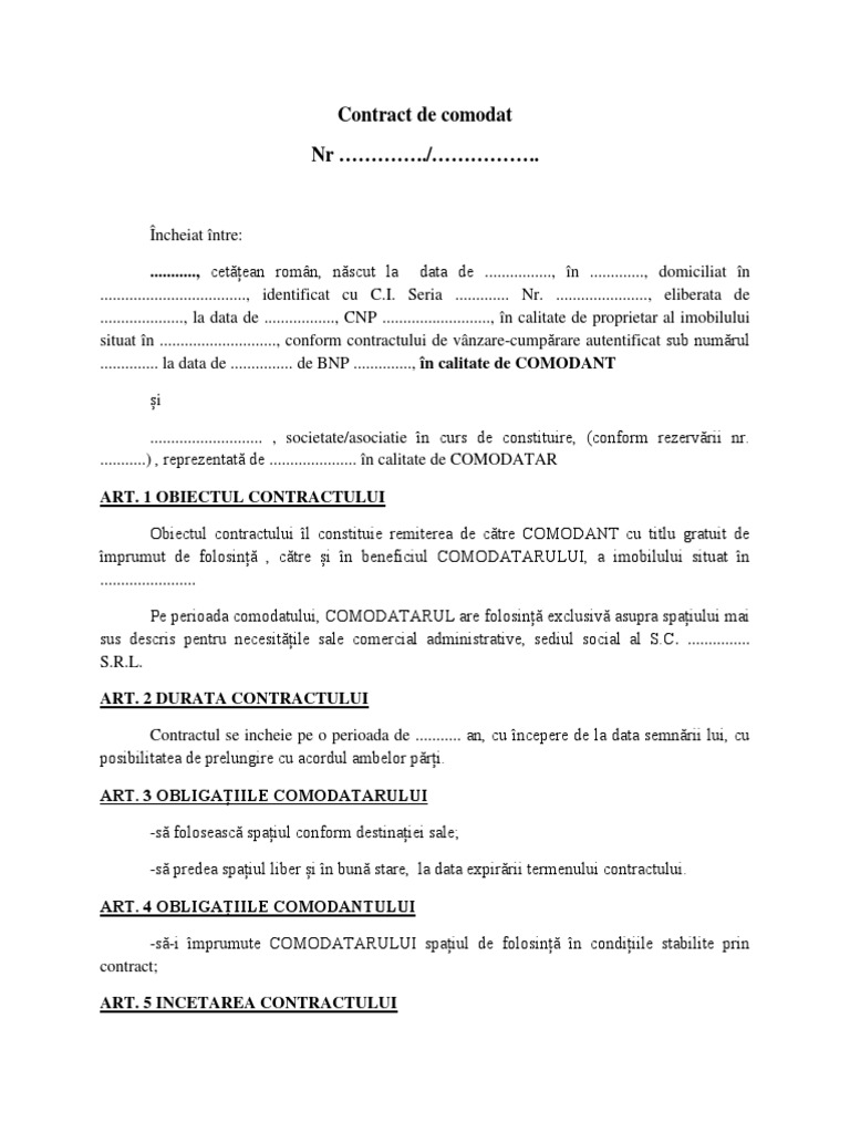 Contract de Comodat Draft | PDF