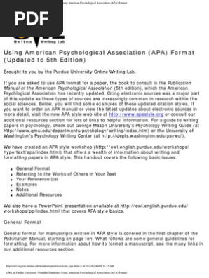 OWL at Purdue University  Printable Handouts  Using American Psychological Association (APA) Format