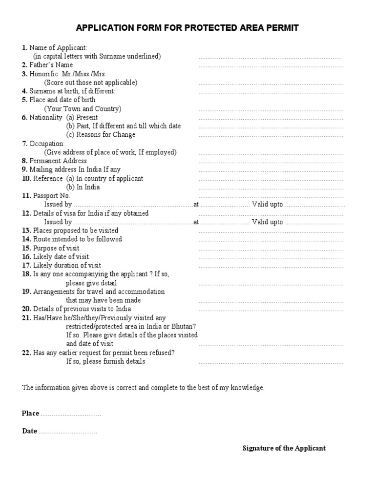 Protected Area Permit Application Form | PDF