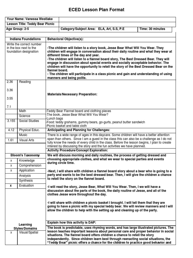 Teddy Bear Picnic Lesson Plan Reading Comprehension Neuropsychology
