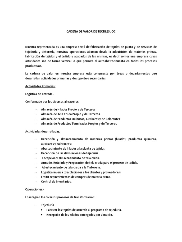 Cadena de Valor de Textiles Joc PDF Logística Almacén