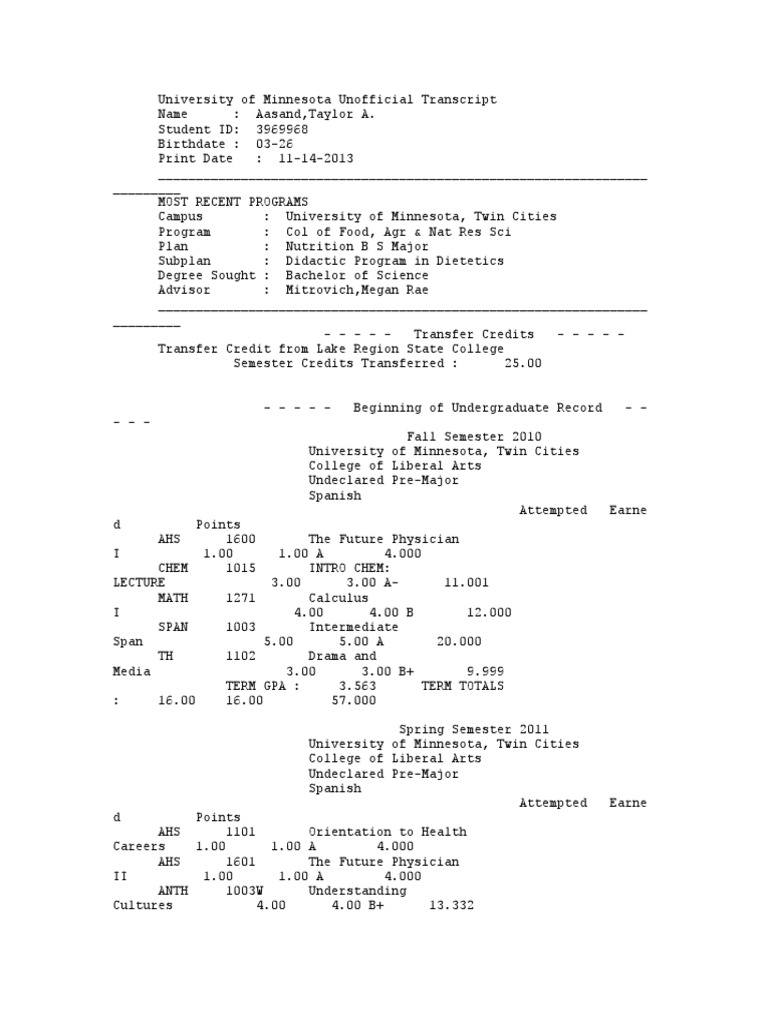 Unofficial Transcript for Taylor Aasand | PDF | Dietitian | University ...