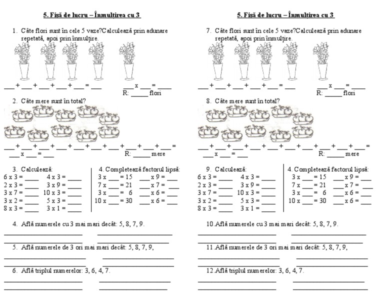 Fise De Lucru Matematica Clasa 3 Inmultirea Si Impartirea 5.Fisa de Lucru - Inmultirea Cu 3