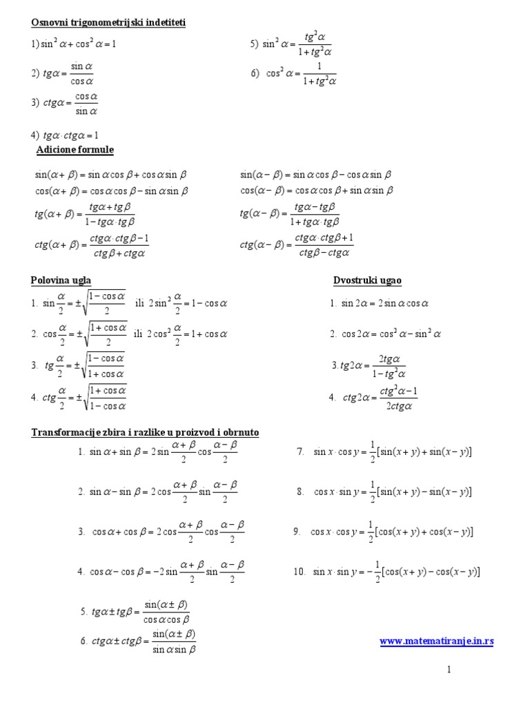 Trigonometrija Formulice | PDF