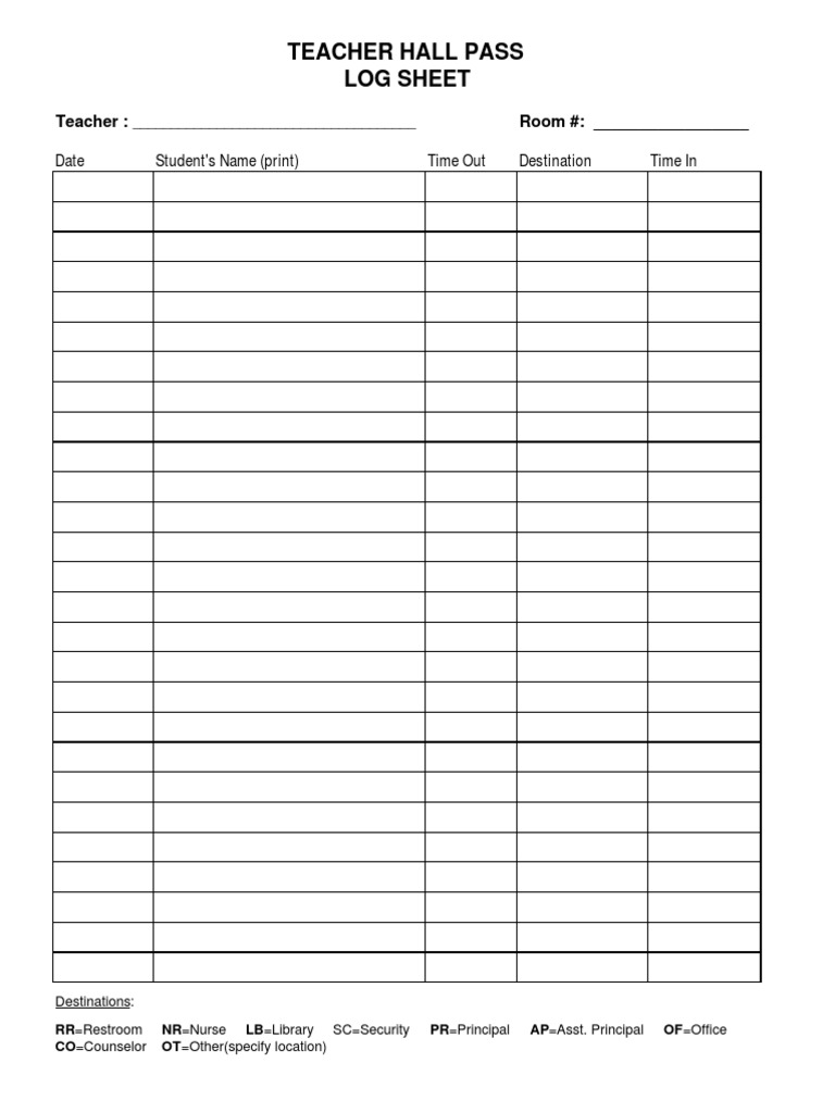 Teacher Hall Pass Log Sheet | PDF