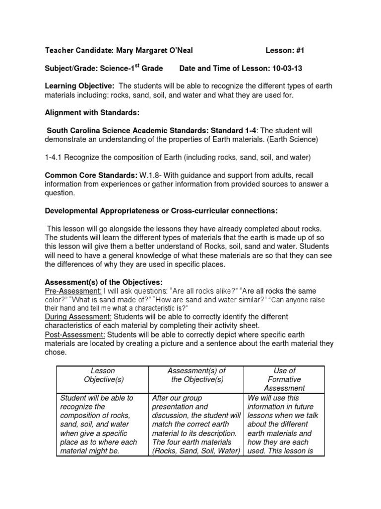 Earth Materials Lesson Plan for 1st Grade | PDF | Educational ...