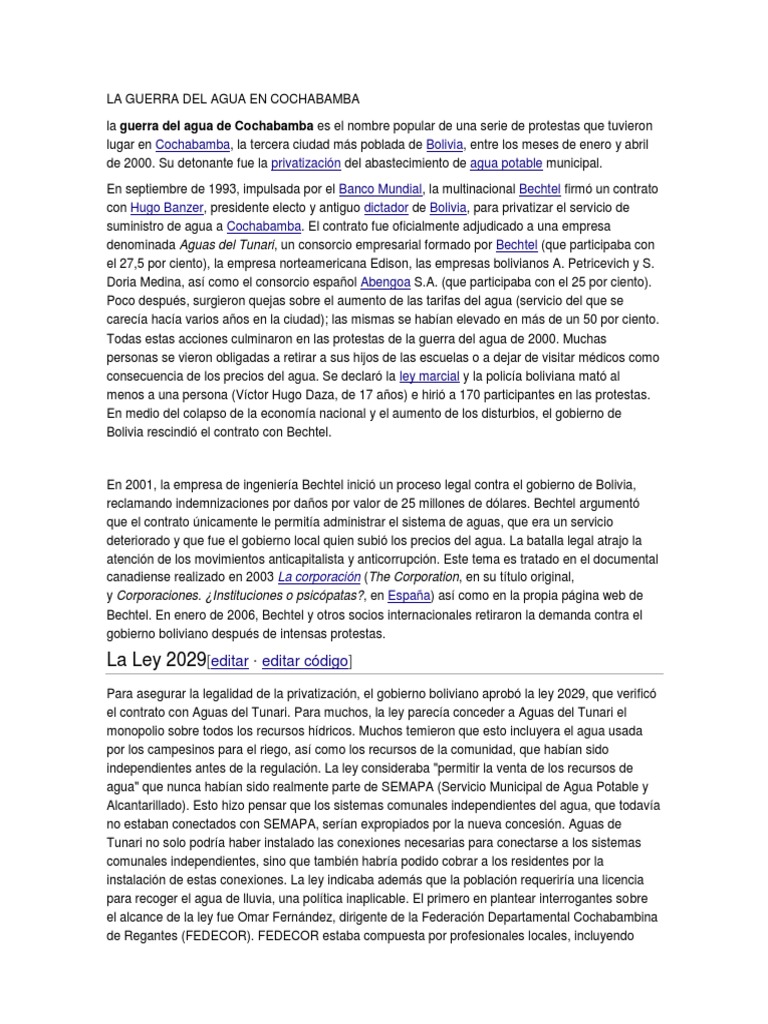 La Guerra del Agua en Cochabamba 2000 | PDF | Gobierno | Política (general)