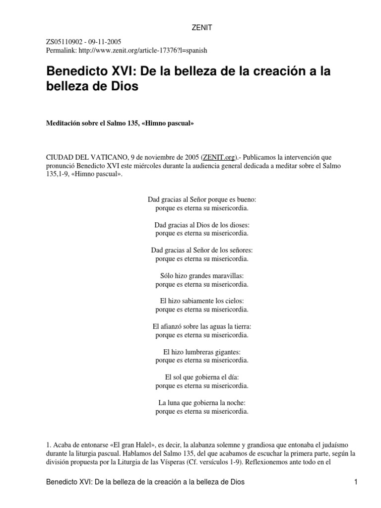 Benedicto XVI de La Belleza de La Creación A La de Dios | PDF | Salmos ...
