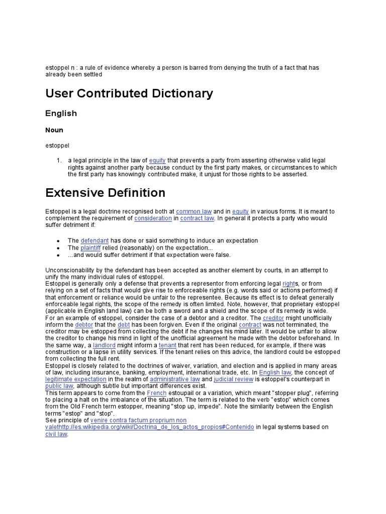 Estoppel in Pays Definition Estoppel Comparative Law