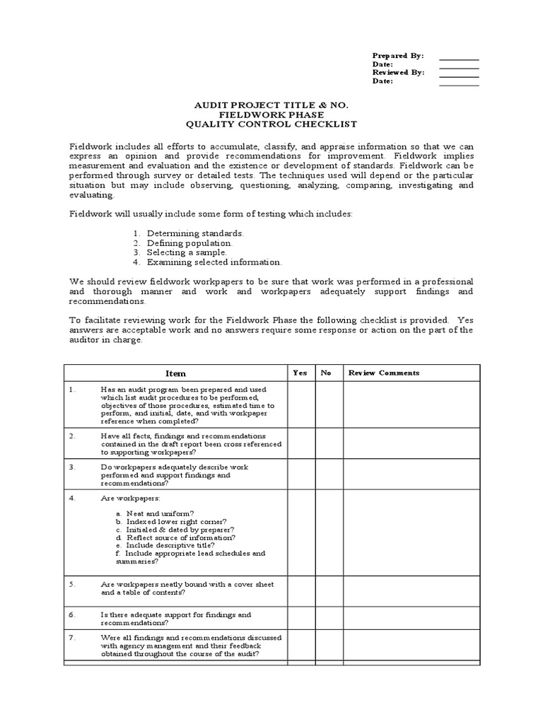 Audit Fieldwork Quality Control Checklist | PDF | Career & Growth